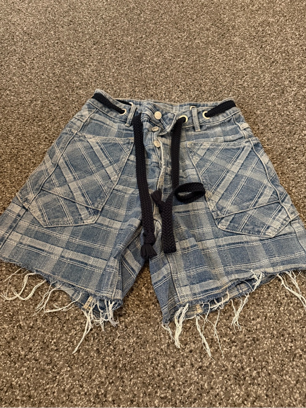 bohme Blue Plaid Denim-Style Frayed Shorts
